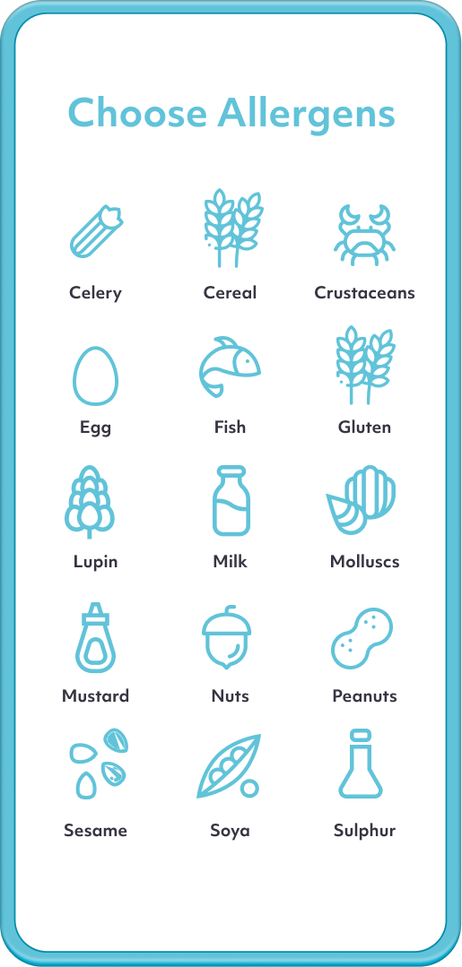 A phone showing an interface for choosing allergens